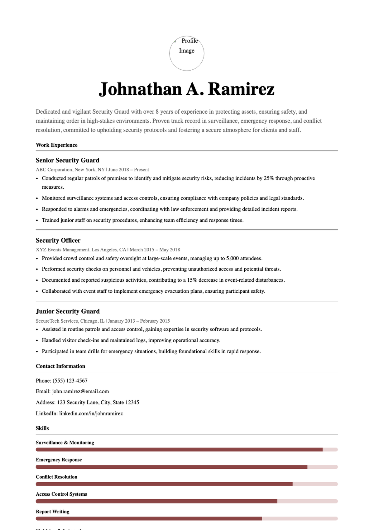 Professional security guard resume with skills bar chart and photo_variant_1